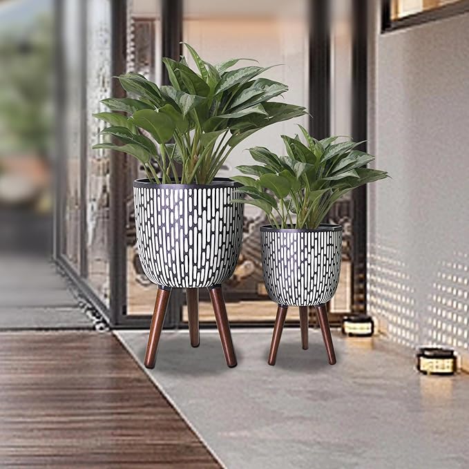 2 Set Plant Pot with Stand 10 &amp 12 inches Mid-Century Large Planter with Legs for Indoor Plants Boho Print Standing Plant Pot with Drainage Plug for Monstera Herb Succulent Flower Pot