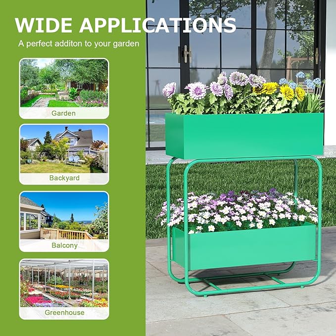 kinbor 2 Tier Elevated Raised Garden Bed Outdoor - Durable Planter Boxes for Vegetables Flowers &amp Herbs (29” Tall Rust-Resistant Steel Green)