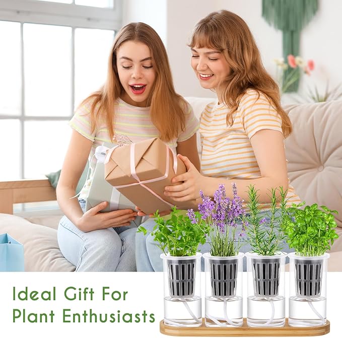 8 Pcs Hydroponic Herb Planter Growing Kit Self Watering Glass Vase with Wooden Stand Herb Garden Starter Kit for Propagating Hydroponic Plants Centerpiece Office Home Garden Decor