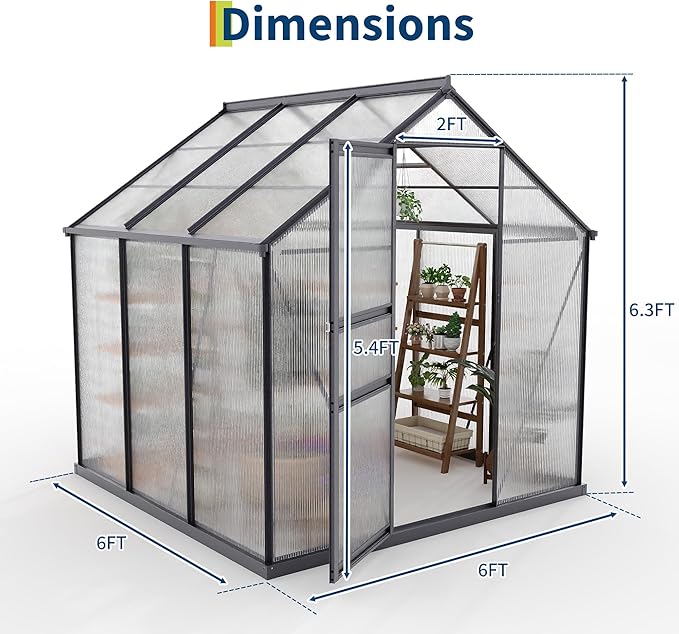 6×6FT Polycarbonate Greenhouse for Outdoors Large Walk in Green House Kit and Winter Garden Planting Enhanced Aluminum Green Houses for Outside to Protect Vegetables or Plants