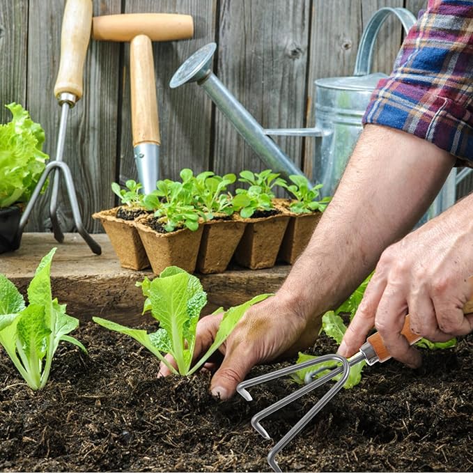 4pcs Wooden Handle Garden Tool Set – Small Hand Shovel Wide Trowel 3-Prong Rake and Cultivator for Yard Gardening and Planting Tasks