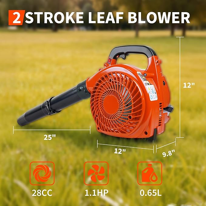 28-Cc Gas Leaf Blower 1.1-HP 2-Cycle Handheld Leaf Blower 490 CFM 280 MPH Powerful Clearing Performance for Lawn Care Driveway Cleaning Light Snow Removal Gifts for Dad