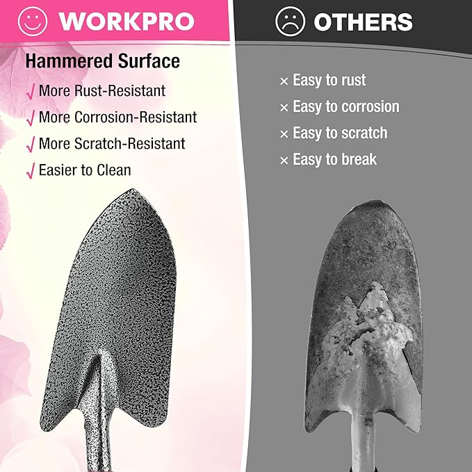 WORKPRO 6-Piece Pink Garden Tool Set Heavy Duty Gardening Hand Tools with Soft Rubber Handle Including Trowel Rakes 2-in-1 Hoe and Crack Weeder Ideal Gardening Gifts for Men and Women
