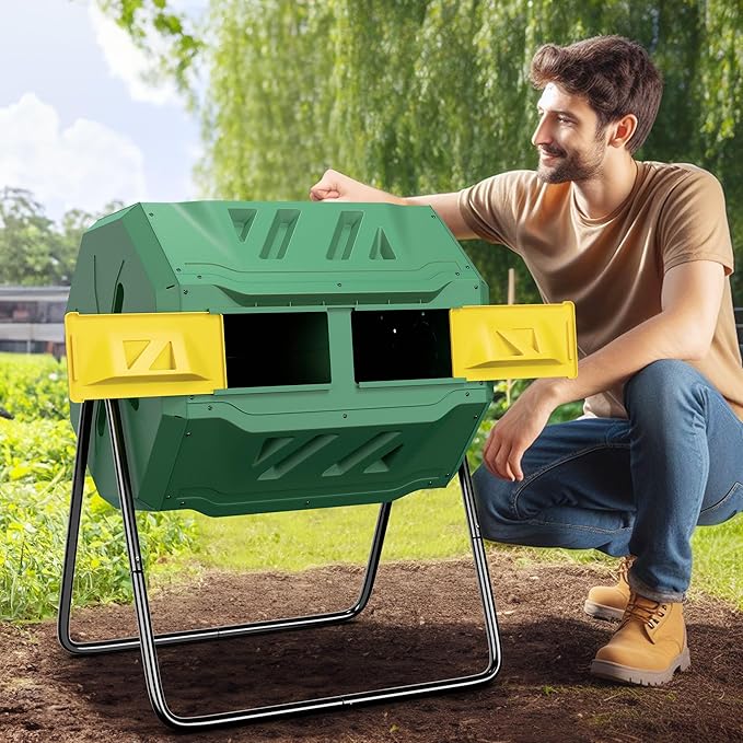 SUPER DEAL Outdoor Composter Bin 43 Gallon Dual Chamber Composter Tumbler 360° Rotating BPA Free with Sliding Doors Heavy Duty Steel Frame for Garden Yard Kitchen Waste Green