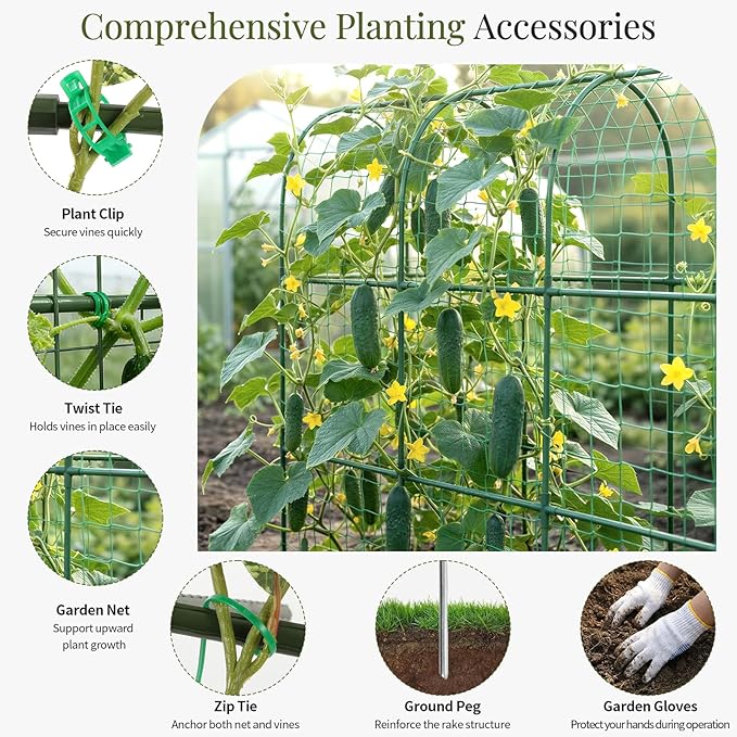 Housolution Cucumber Trellis for Raised Bed 67×48 U-Shape Garden Trellis for Climbing Plants Outdoors with 2×3m Net for Tomato Squash Zucchini Peas Beans Grape Fruit Flowers Green
