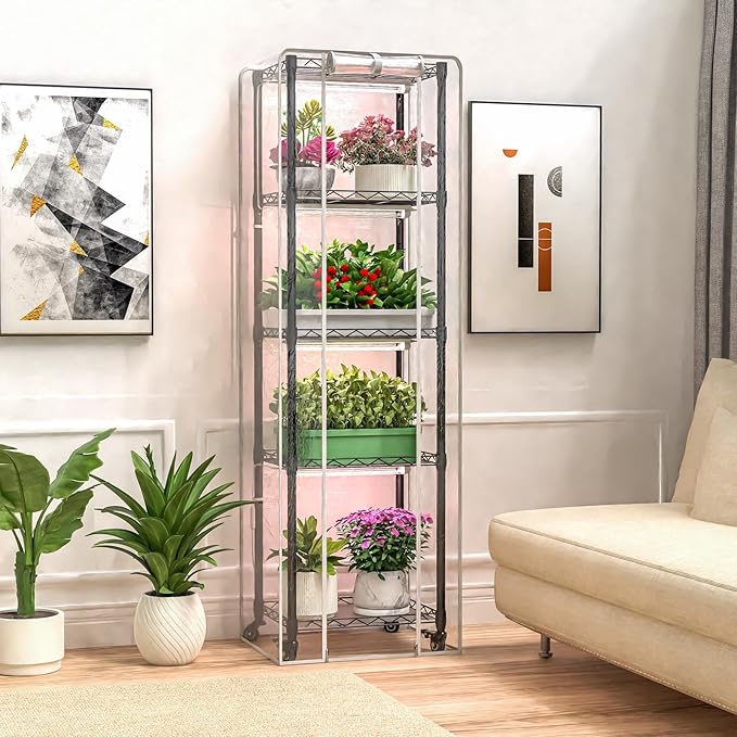 Indoor Greenhouse with Grow Lightswith 40W Full Spectrum Growing Lamps for Seed Starting  5 Tier 15.7 L×11.8 W×62.3 H Mini GreenhouseGrow Light Shelf with Tent and Thermometer