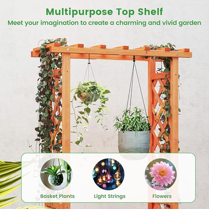Nightcore Raised Garden Bed with Trellis Wooden Flower Rack with Double-Sided Grid Hanging Roof &amp Drainage Holes Outdoor Garden Planter for Flowers Vegetables Climbing Vines (2)