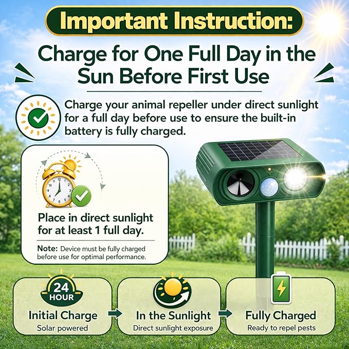 Solar Powered Animal Repellent Motion Sensor for Gardens - Ultrasonic Outdoor Animal Repeller with Adjustable Frequency &amp Waterproof Design - Deer Repellent Devices Protect Yard from Damage