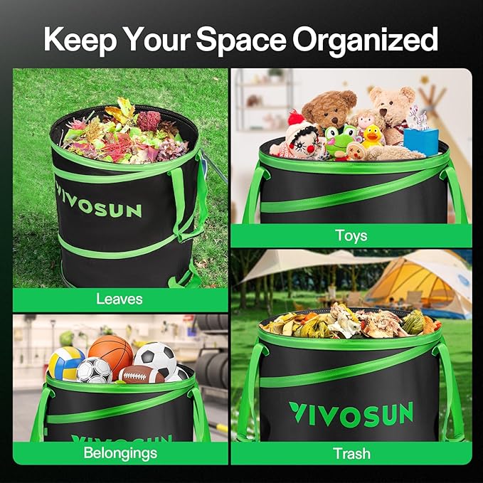 VIVOSUN 30-Gallon Collapsible Garden Bag Yard Waste Bin with Hard-Shell Bottom Leaf Scoops and Gloves Collapsible Yard Waste Containers for Lawn Care and Camping 2-Pack