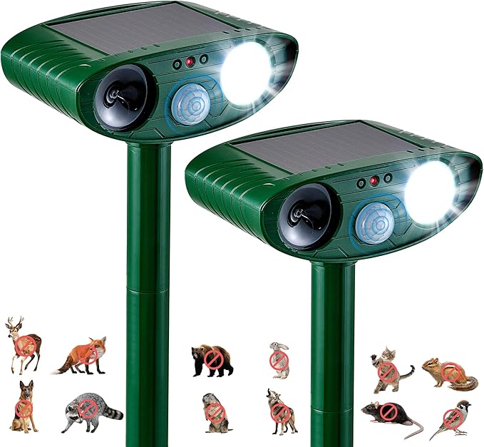 2 Pack Solar Animal Repeller for Raccoons Deer &amp Squirrels - Ultrasonic &amp Strobe Light Outdoor Deterrent for Cats Dogs Raccoons Rabbits Skunks Foxes &amp More