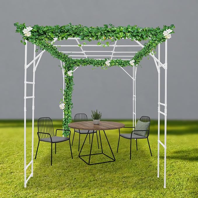 118'' L x 78.5'' W x 90.5'' H Large Outdoor Garden Arch Trellis for Climbing Plants Grape Arbor Rack Pergola Plastic-Coated Steel Cane Frame for Courtyard and Garden Decoration of Pavilions (White)