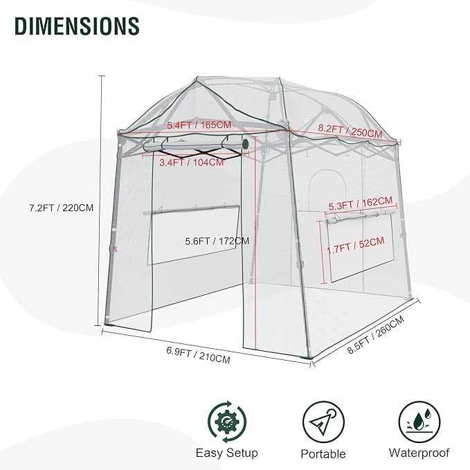 8.5 x 7 x 7 FT Walk-in Greenhouse Portable Pop-up Greenhouse for Indoor Outdoor Plant Garden Green House with Zippered Doors Screen Windows Heavy Duty Frame and Durable PE Cover