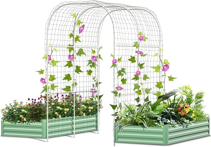 SUNYRISY Galvanized Raised Garden Bed with 87 H Arch Trellis for Climbing Plants Outdoor Large Metal Planter Box with Netting for Gardening Flowers Vegetables Fruit Green