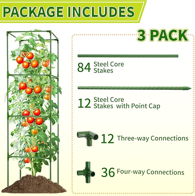 3 Pack Square Tomato Cages for Garden - 56 Inch Heavy Duty Tomato Plant Support Stakes Sturdy Metal Core with Rust-Resistant Coating Tomato Trellis for Raised Beds