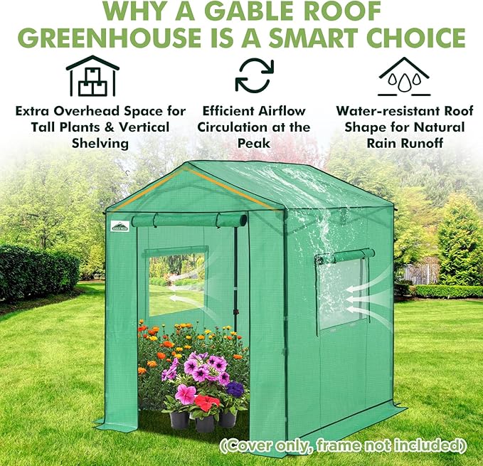 EAGLE PEAK Replacement Cover for 6x6 Gable Roof Pop up Greenhouse Front and Rear Roll-Up Zipper Entry Doors and 2 Large Roll-Up Side Windows (Frame Not Included) Green