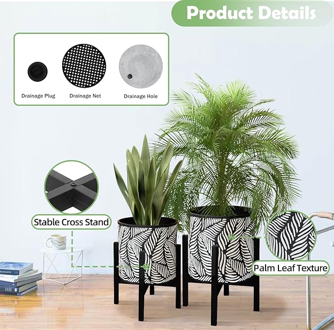 10 &amp 12 Inches Plant Pot with Stand Set of 2 Decorative Palm Leaves Printing Planter with Holder Garden Pot for Snake Plant Monstera Houseplants - Indoor Outdoor Flower Pots with Drainage Hole