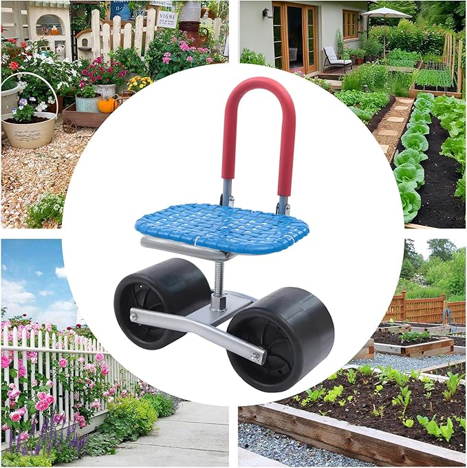 Garden Rolling Stool 7-16inch Adjustable Height Stool with 3 Wheels 220lbs Capacity 360° Rotating Garden Stool for Farm Greenhouse Gardening Picking