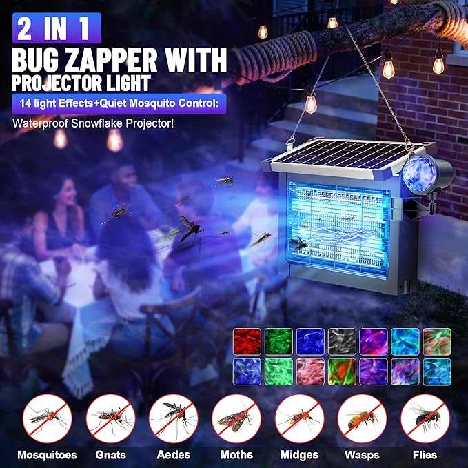Solar Bug Zapper Outdoor Rechargeable &amp Solar Powered 4500V High Voltage for Effective Mosquito &amp Multi-Insect 14-Color Projector Light Waterproof for Camping Patio Courtyard Path Outdoor