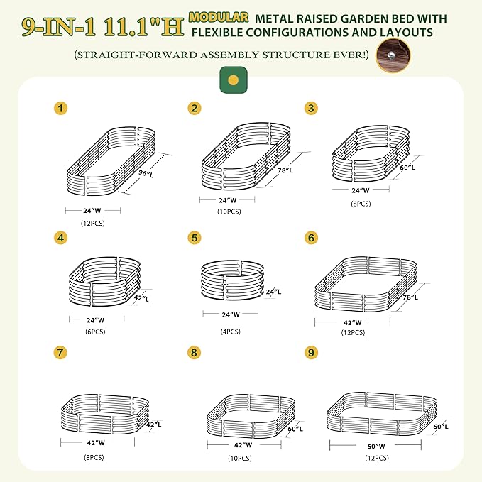 BlueWish 8x2x1FT Raised Garden Bed 11.1” H Galvanized Raised Garden Bed with Bottomless Rubber Strip 9-in-1 Modular Raised Planter Box Outdoor for Vegetable Flower Rustic Brown