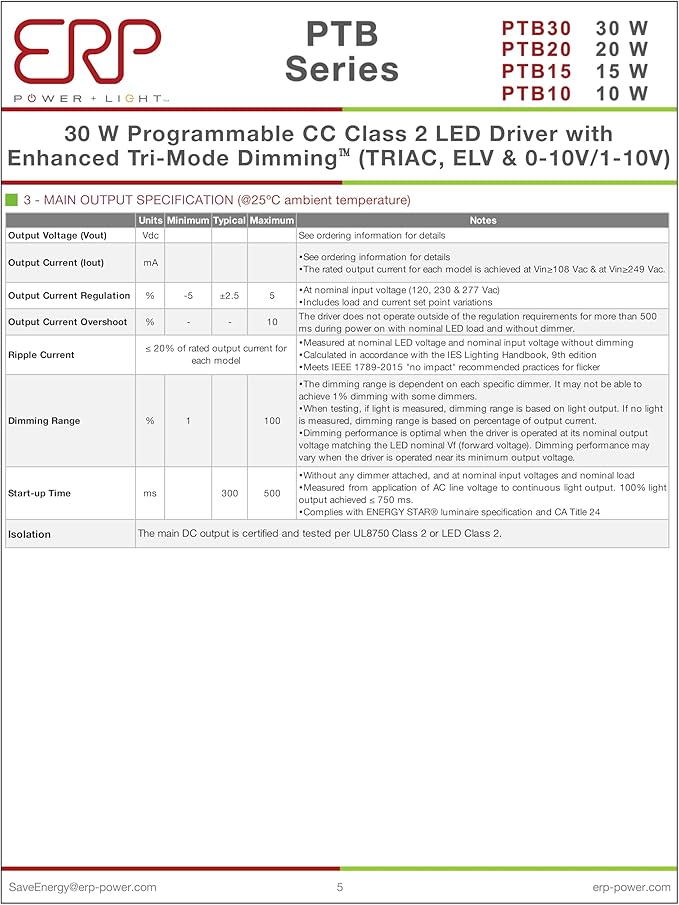 ERP PTB30W-0700-42-FN ERP Power Constant Current Driver - 29.4W 700mA | Output Voltage 28-42Vdc | Tri-Mode Dimmable
