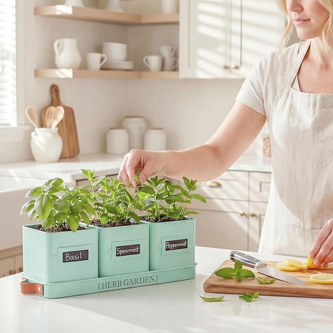 PERFNIQUE Indoor Herb Garden Herb Planter Set with Tray Farmhouse Indoor Plant Pots Windowsill Herb Garden with Drainage(Planter only) for Indoor/Outdoor Window Pots (Mint)