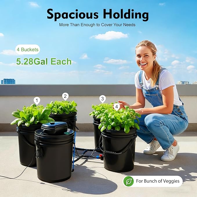 DWC Hydroponics Growing System Kit 5 Gallon 4 Buckets Recirculating Deep Water Culture and Top Drip Hydroponic System with Air Pump Air Stone for Indoor Outdoor Leafy Vegetables