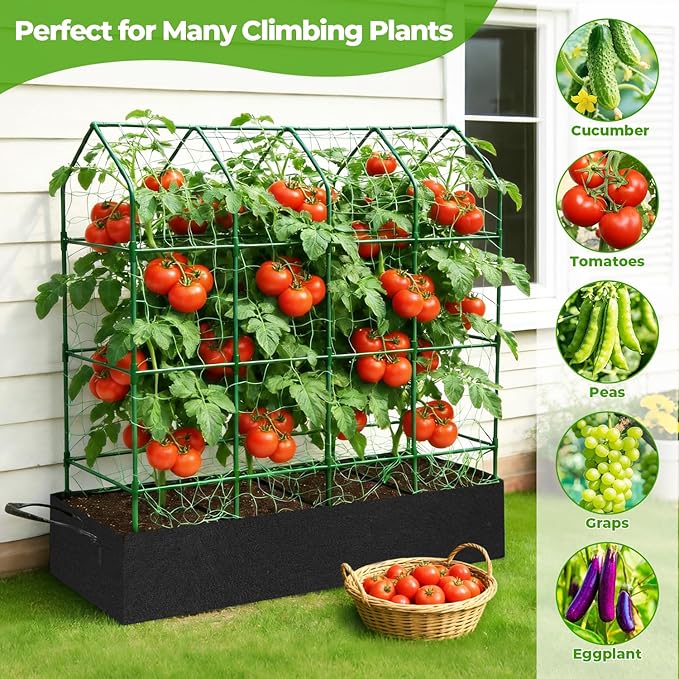 Large Pea Trellis for Climbing Plants Outdoor with Grow Bag67 Tall Metal U-Frame Plant Trellis for Peas with Garden Netting and Plant Clip Plant Ties for Vegetables Cucumber Tomatoes Squash Pea