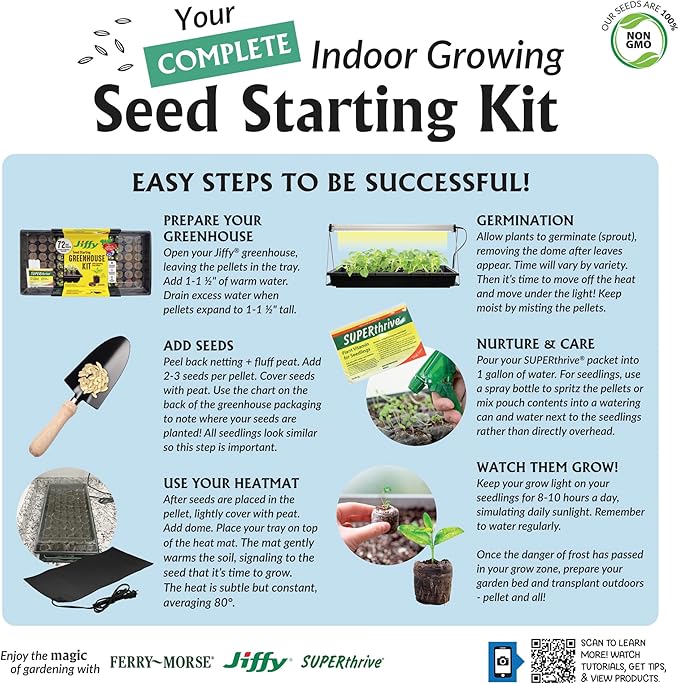 Ferry Morse Your Complete Indoor Seed Starting Kit Including Heat Mat T5 Grow Light Fixture with 50 Cell 42mm Greenhouse