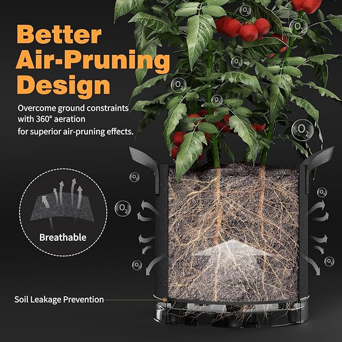 Self-Watering Grow Bags 5-Pack 3 Gallon 420G Thick Nonwoven Fabric Pots with Reinforced Handles and Multi-Purpose Rings for Low Stress Plant Training Fruits Vegetablesand Flowers