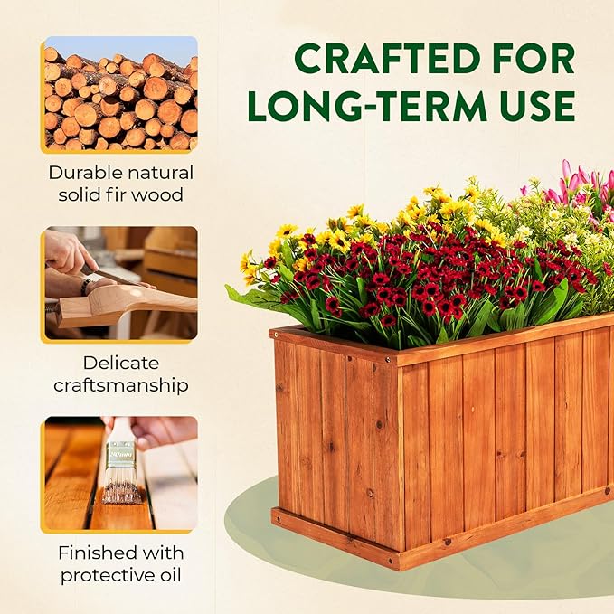 IDZO Wooden Window Box 40 in Spacious Wooden Planter Boxes with Convenient Drainage Holes Durable Oil Coated Window Box for Flowers &amp Plants Decor Garden Balcony Backyard Easy Assembly