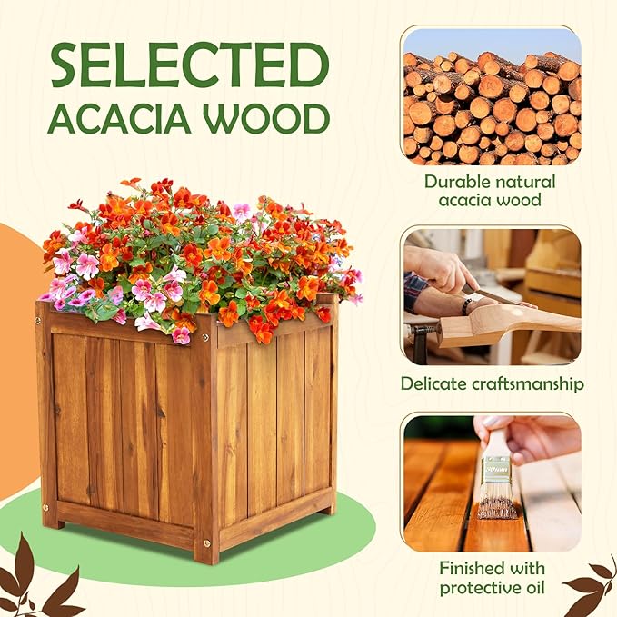 Idzo Hardwood Outdoor Flower Box Durable Acacia Wood Flower Boxes for Outdoor Plants with Ergonomic Handles Drainage Holes Multiple Sizes Wood Bucket Planter for Home Decor 1pcs