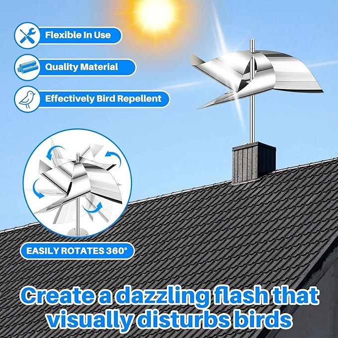 Qualirey 2 Pack Reflective Pinwheel Bird Deterrent Spinning Reflective Kites Bird Scare Device Keep Pigeon Woodpeckers and Sparrows Away Outdoor Use Boats Roofs Vegetable Gardens