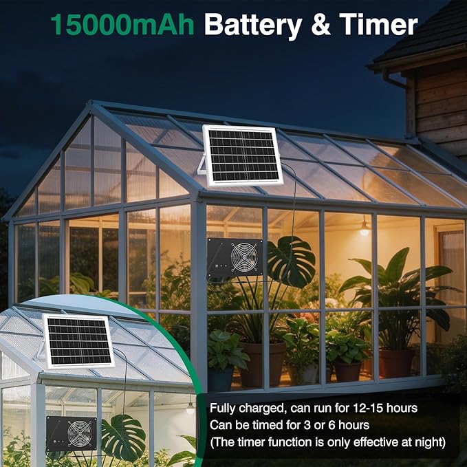 Solar Powered Fan with 15000mAh Battery &amp Timer 25W 3500RPM High-Speed Solar Exhaust Fan Low Noise Waterproof Ventilation for Chicken Coop Greenhouse Shed Pet House &amp Window