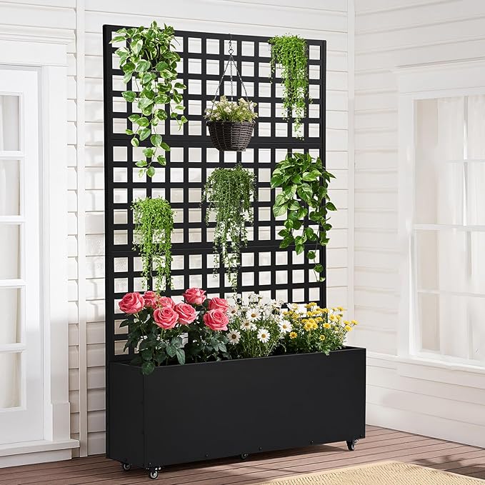LVUYOYO Metal Raised Garden Bed Planter Box with Trellis &amp Wheels Outdoor Patio Garden Beds Flower Box with Privacy Screen &amp Drainage Holes for Climbing PlantsVegetables Vines