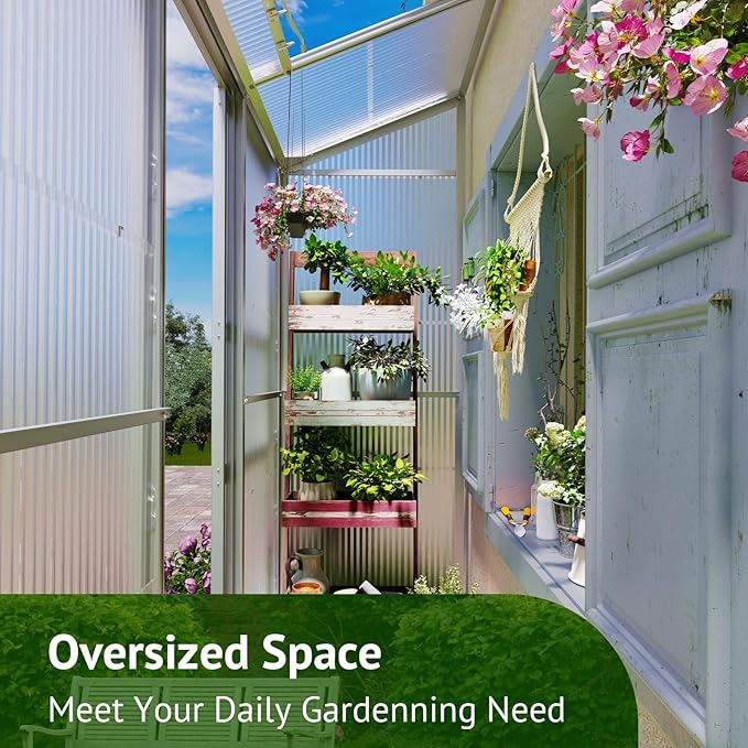 6x2ft Lean-to Polycarbonate Greenhouse Small Walk-in Greenhouse with Adjustable Roof Vent Rain Gutter and Sliding Door Outdoor Green House for Terrace Backyard Sliver
