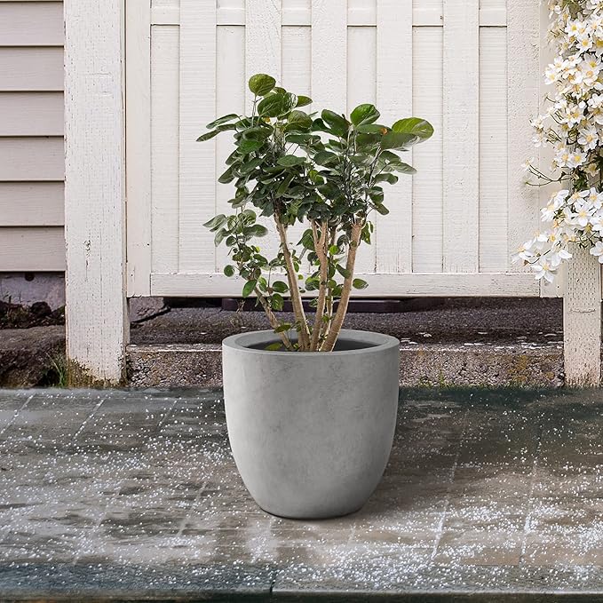 Kante 16.5 Dia Round Concrete Planter Large Outdoor Modern Indoor Decorative Plant Pots with Drainage Hole and Rubber Plug for Home and Garden Natural Concrete