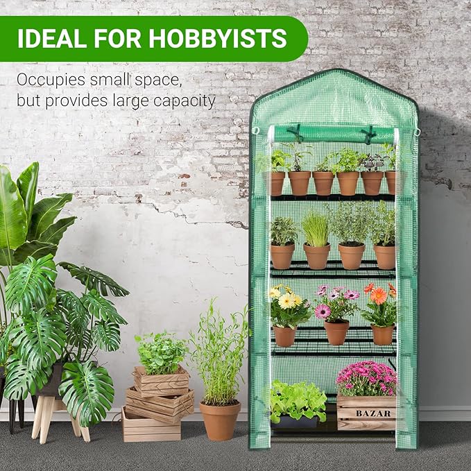 4-Tier Mini Greenhouse Indoor Outdoor with PE Cover and Roll-Up Zipper Door Portable Waterproof Cloth Greenhouse Tent Grow Seeds &amp Seedlings 27.17X19.29X63''Green