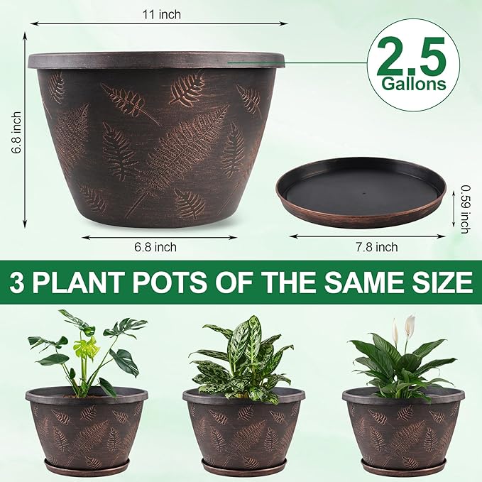 11 inch Plant Pot 3 Pack Large Pots for Plants Flower Pots with Drainage Hole &amp Saucer Modern Planters for Indoor Outdoor Plants Decorative Plastic Garden Pots (Copper)