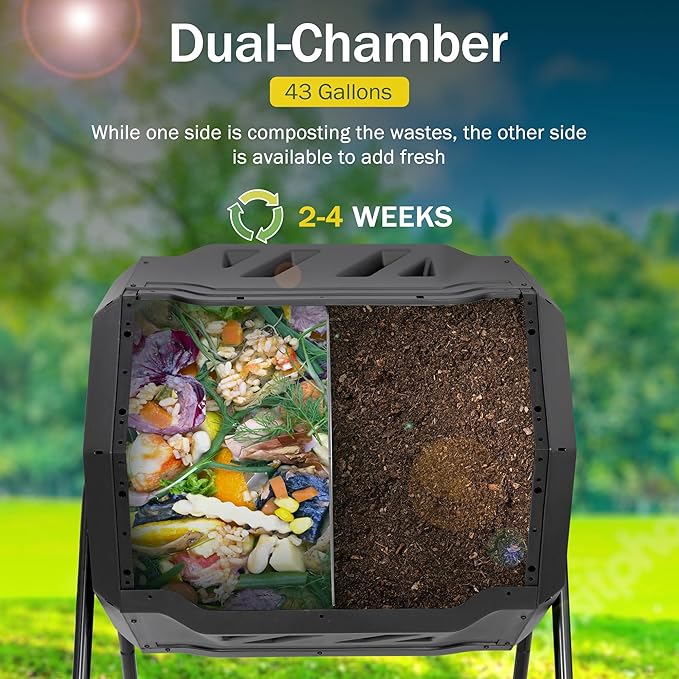 JupiterForce 43 Gallon Compost Bin Outdoor Dual Chamber Composter Tumbler 360° Rotating Tumbling Composter with 2 Sliding Doors for Kitchen Garden and Yard Waste Black (BPA Free)