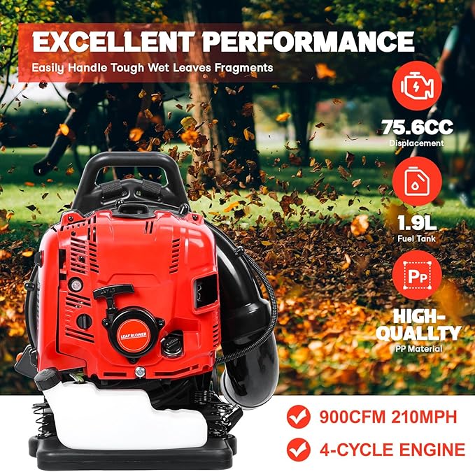 Backpack Leaf Blower 75.6CC - 4-Stroke Gas Leaf Blower with 900CFM &amp 210MPH Variable Speed Cruise Control Backpack Gas Leaf Blowers for Lawn Cleanup and Snow Removal