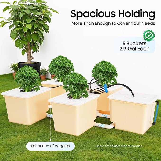 5-Bucket DWC Hydroponics Growing System with Submersible Pump Large Capacity Complete Kit for Indoor Outdoor Garden Balcony Patio Home