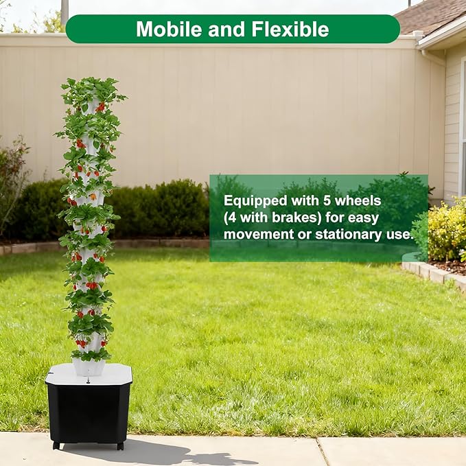 Hydroponic Grow System 10 Tiers 50 Holes Mobile Hydroponic Growing Kit with Water Pump &amp Timer Indoor Outdoor Vertical Garden Kit for Leafy Vegetables Strawberries on Balcony Home Office Whi