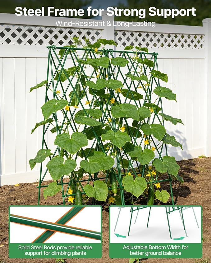 Suteck Cucumber Trellis 39.2 2 Pack A-Frame – Foldable Metal Garden Trellis for Cucumbers Peas Beans &amp Climbing Plants No Assembly Required Plant Support Ideal for Raised Beds Patios &amp B