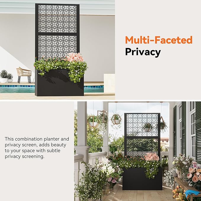 Modern Shade Metal Planter Box with Trellis Privacy Screen 4x6 FT Large Raised Garden Bed Multi-Functional Privacy Screen Outdoor with Drainage Holes for Climbing Plants Petal Weave