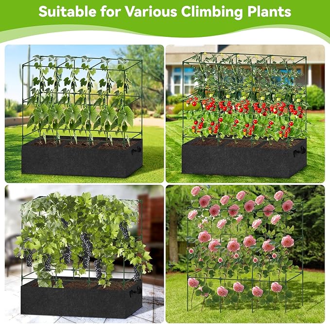 Cucumber Trellis with 46 Gallon Grows Bag 51x17x65Inch Squar Outdoor Indoor Greenhouse Tomato Cage Garden Trellis with Plant Support Clips for Climbing Plants Squash Vegetables Pumpkin Pea Grape