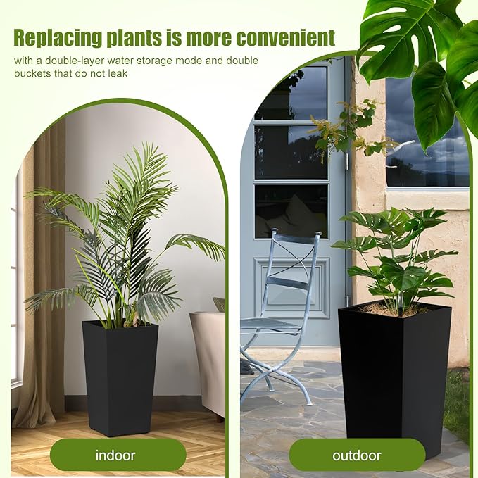 Set of 2 Large Tall Planter for Indoor or Outdoor 22 Flower Pots Tapered Tall Planters with Tray for Porch Patio Backyard Large Planters for Plants with Visual Water Level Dual Buckle Tray Black