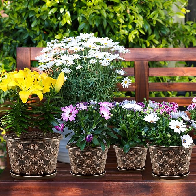 10 Inch Planter Pots for Plants 4 Pack Plastic Large Flower Pots Indoor Outdoor Resin Plant Pot with Drainage &amp Saucer Retro Decorative Garden Pot with Removable Trays for House