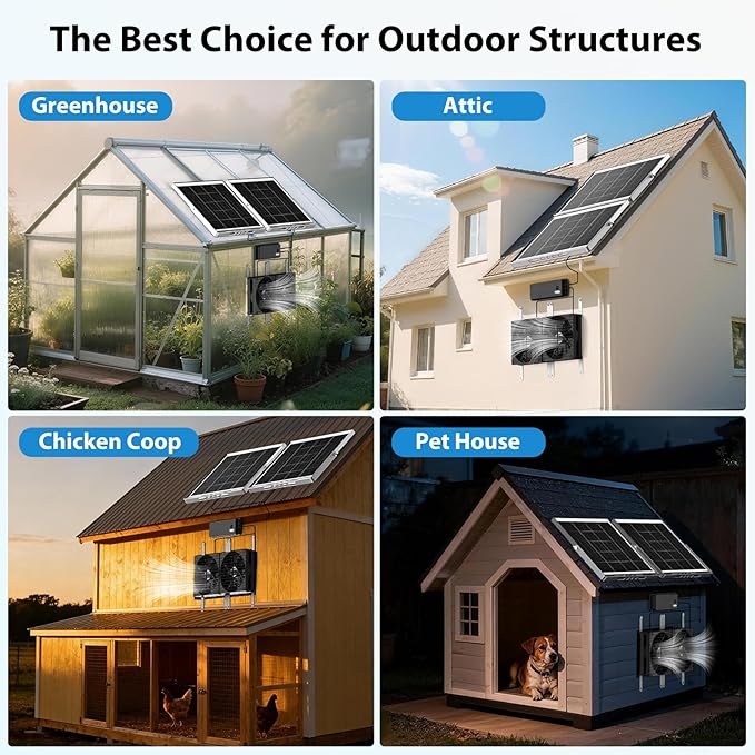 7.1 Solar Fan with Battery 25W x 2 Large Solar Powered Rechargeable Fan Outdoor Waterproof 25600 mAh Battery Exhuast or Intake Fans For Chicken Coop Greenhouse Dog Shed Ventilation Cooling