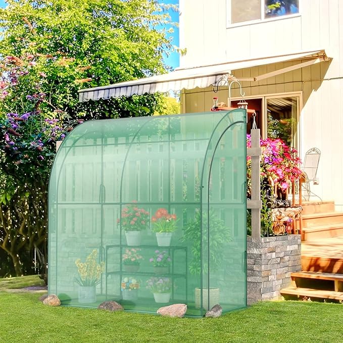 Happygrill Greenhouse Lean to Greenhouse with 3 Tiers Flower Rack Weatherproof PE Cover &amp Roll-up Zipper Doors Greenhouses for Outdoors Garden Backyard Balcony