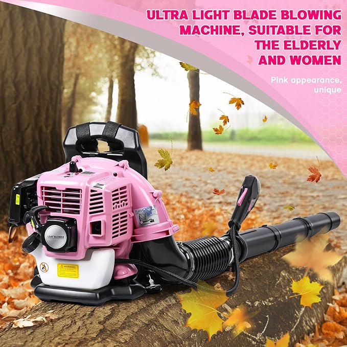 63CC Backpack Leaf Blower Gas Powered 3HP 2-Stroke Engine 665CFM High Velocity Air Cooling System Adjustable Backpack Blowers Gas for Lawn Garden Yard Snow Gutter Cleaning (Girls Pink)